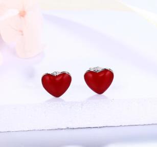 Boucles d'Oreilles Femme Coeur Design Émail Rouge Artisanat Clou Argent