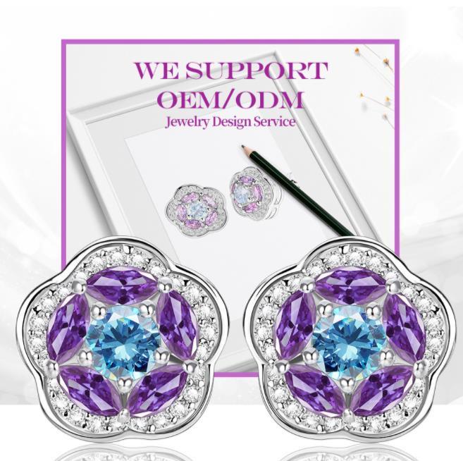 Boucles d'oreilles fantaisie en argent sterling 925 avec fleurs de moissanite violettes