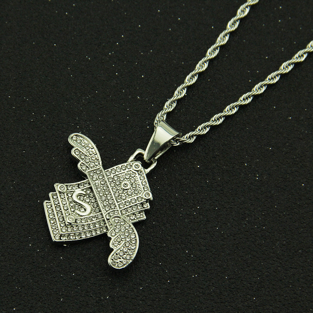 Collier Hip Hop Angel Wings Dollar Pendentif en cristal incrusté