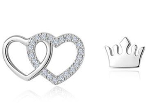 Boucles d'oreilles mignonnes en argent sterling 925 avec couronne et coeur