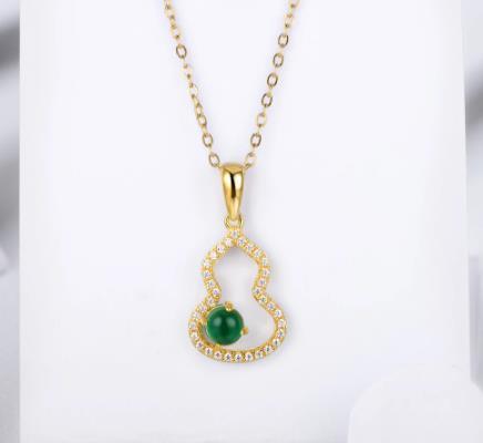 Or 18 carats rond grand-mère émeraude classique gourde pendentif collier bijoux exquis