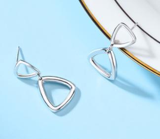 Boucles d'Oreilles Femme Double Triangle Argent Massif 925 Plaqué Or