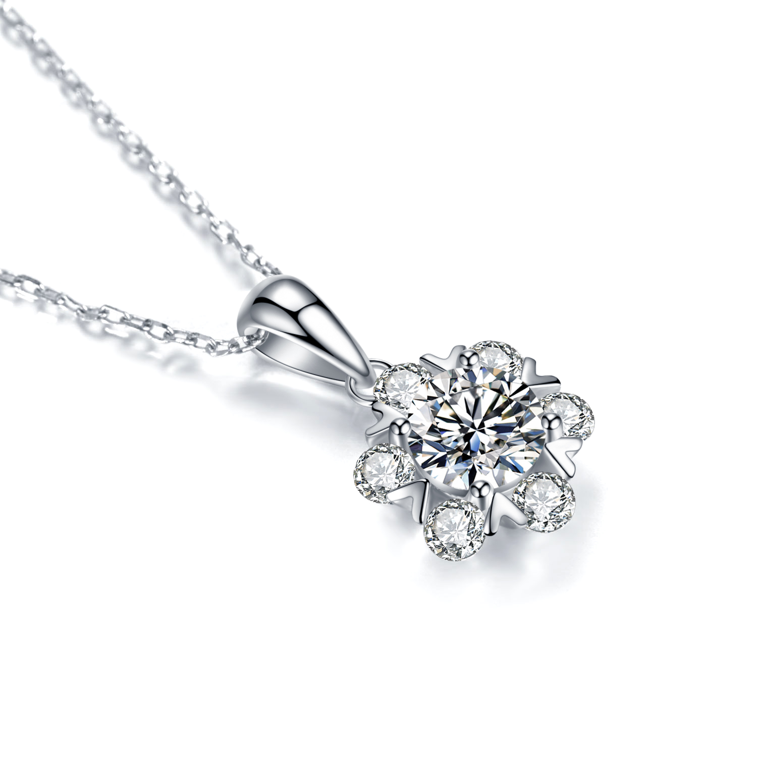 Pendentif Moissanite fleur en or blanc 14 carats plaqué argent sterling 925