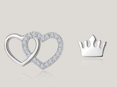 Boucles d'oreilles mignonnes en argent sterling 925 avec couronne et coeur