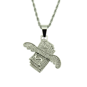 Collier Hip Hop Angel Wings Dollar Pendentif en cristal incrusté