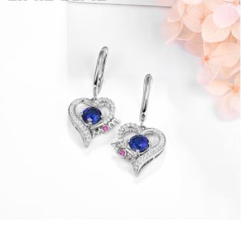 Boucles d'oreilles en saphir 925 en argent sterling matériel femelle exquis saphir en forme de coeur boucles d'oreilles cadeau fête