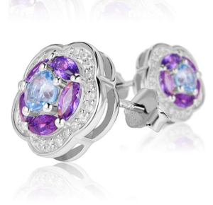 Boucles d'oreilles fantaisie en argent sterling 925 avec fleurs de moissanite violettes