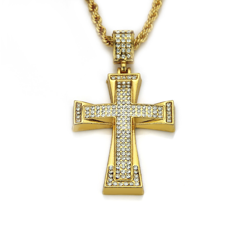 Collier Hip Hop couleur or 14K-18K avec pendentif croix CZ glacé pour homme