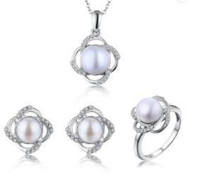 Zigzag Flower Freshwater Bride Pearl Pendant 925 Silver Necklace Set Mother