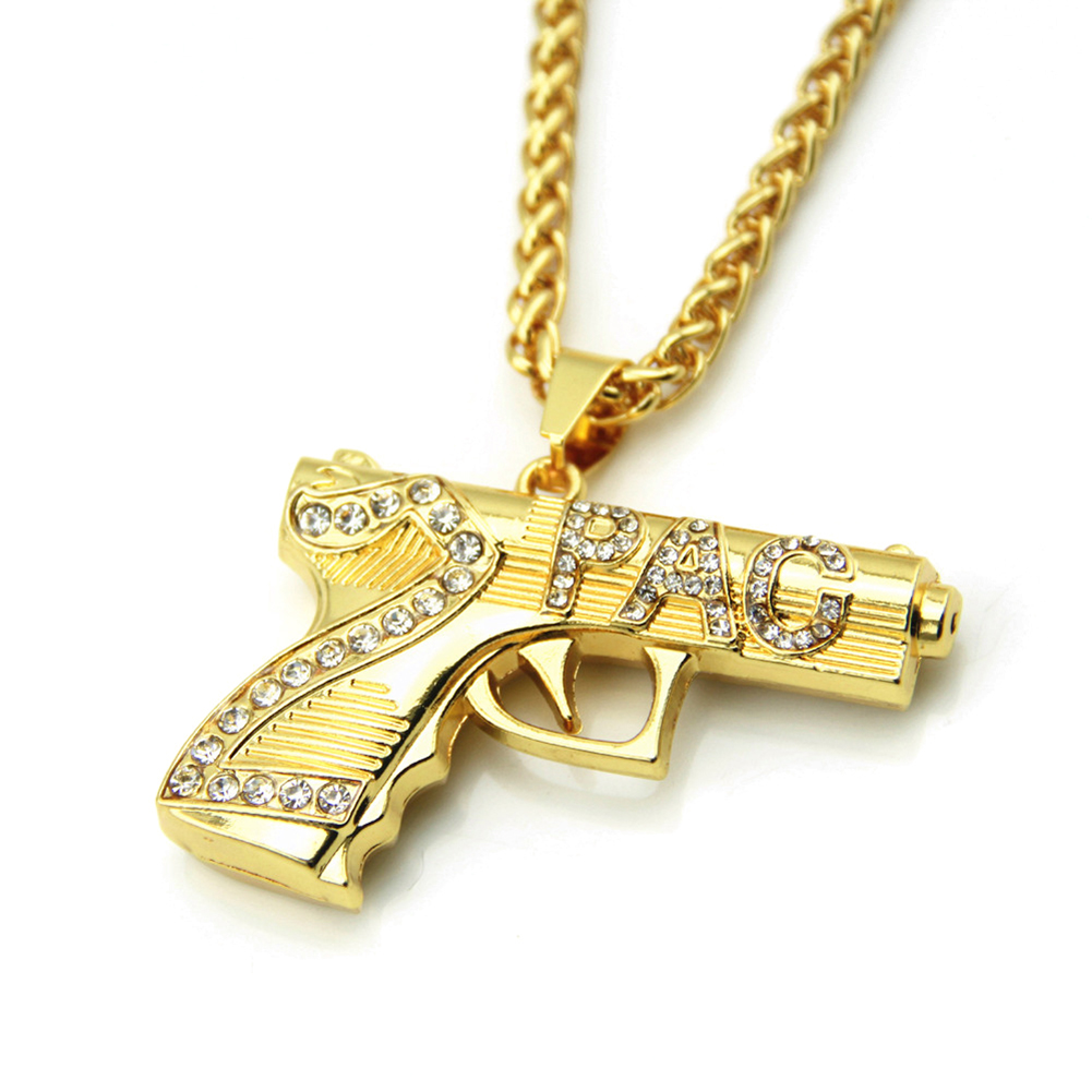 Collier Hip Hop Pistolet Et Lettre Pendentif Incrustation De Diamants