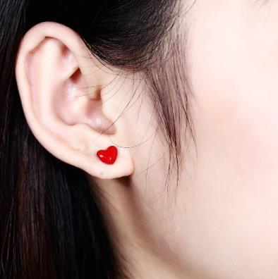 Boucles d'Oreilles Femme Coeur Design Émail Rouge Artisanat Clou Argent