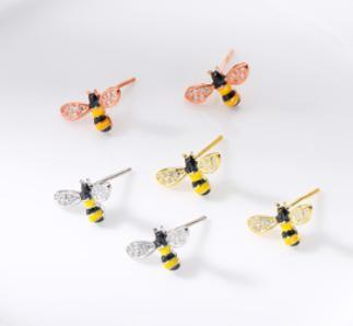 Boucles d'oreilles abeille en argent sterling plaqué or 925 Cute Animal Series