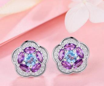 Boucles d'oreilles fantaisie en argent sterling 925 avec fleurs de moissanite violettes